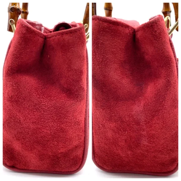 SALE! Gucci Red Suede Mini Satchel Handbag/Shoulder Bag W Bamboo Handles & Strap - Picture 3 of 16